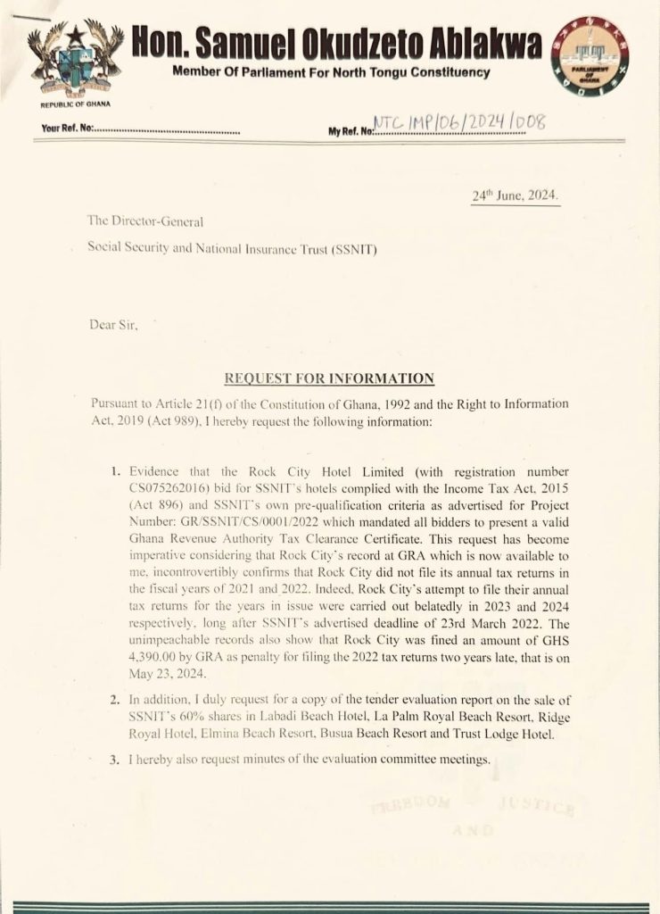 SSNIT Hotels Sale: Ablakwa files RTI request demanding Rock City's GRA tax clearance certificate 1 448982192 1007725694041837 462124641062774527 n 1 Channel1 News SSNIT Hotels Sale: Ablakwa files RTI request demanding Rock City's GRA tax clearance certificate