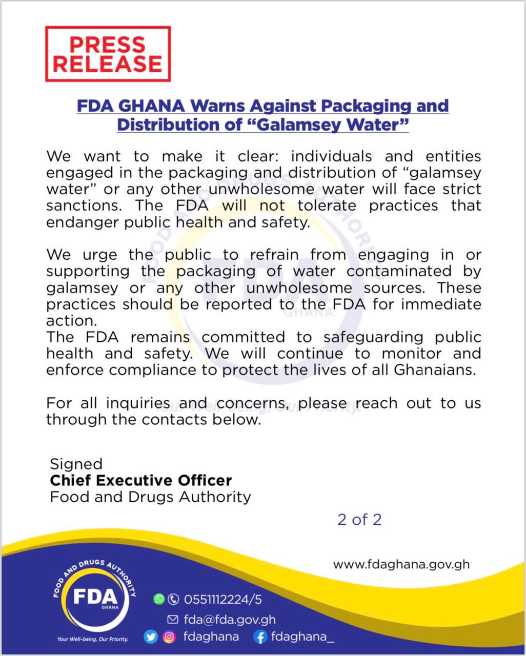 FDA 2 Channel1 News FDA warns against sale of packaged galamsey water