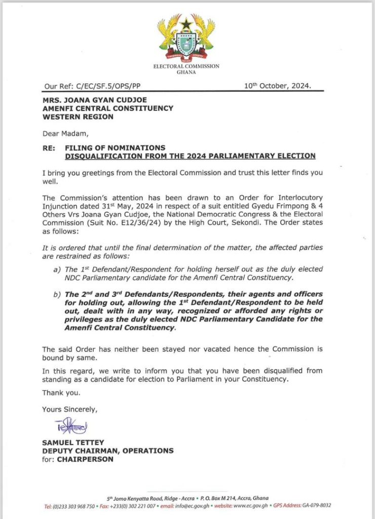 Joana Channel1 News EC disqualifies NDC's Joana Cudjoe from 2024 Amenfi Central Parliamentary race