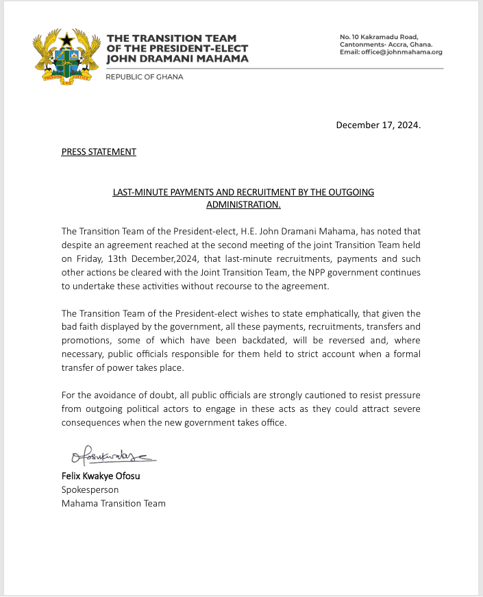 Screenshot 2024 12 17 180601 Channel1 News Last-minute recruitments, payments will be reversed - Mahama Transition team