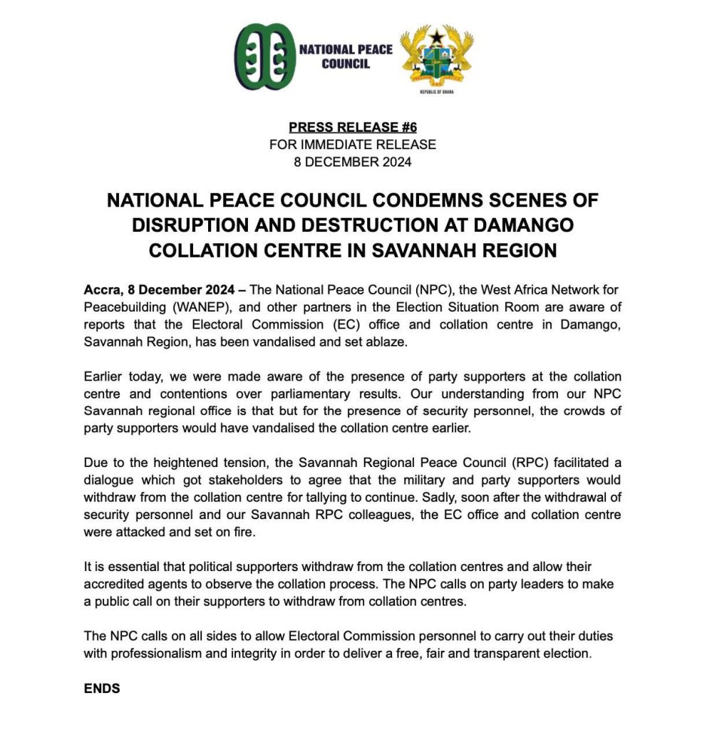WhatsApp Image 2024 12 08 at 16.03.54 60ab0703 Channel1 News National Peace Council condemns attack on EC Damongo office