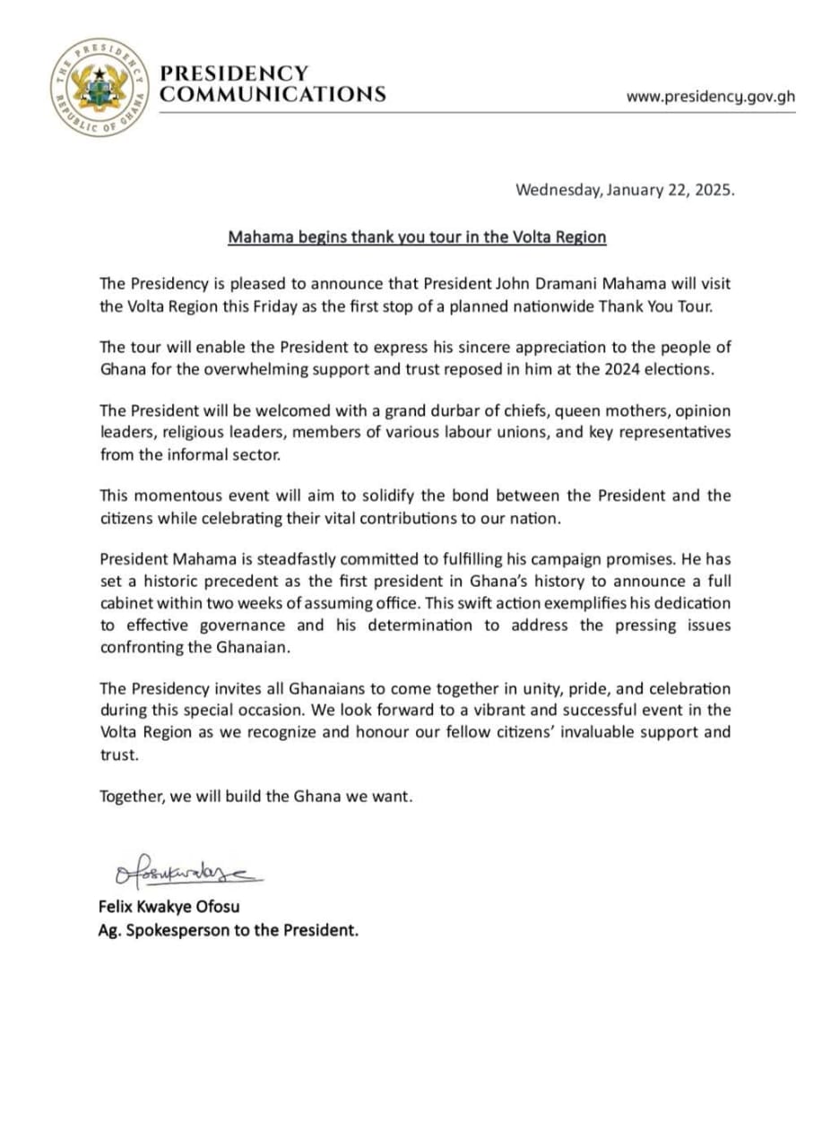WhatsApp Image 2025 01 22 at 07.29.29 Channel1 News Mahama to commence nationwide 'thank you tour' on Friday