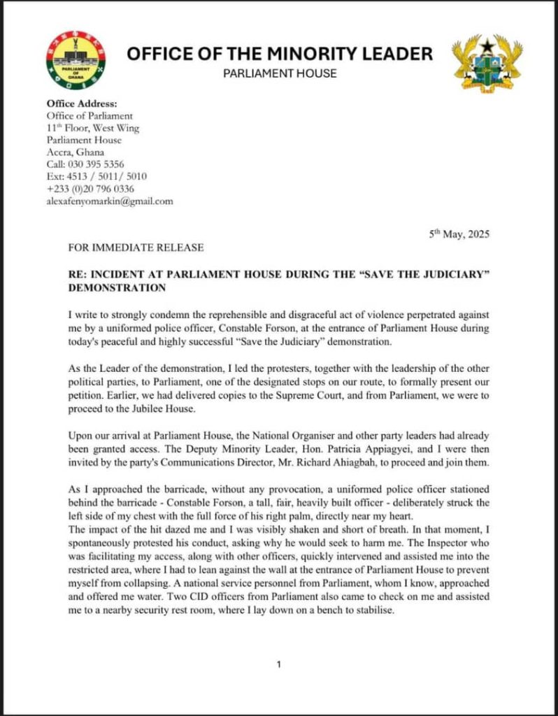 Afenyo-Markin condemns police assault during 'Save the Judiciary' demo 1 WhatsApp Image 2025 05 05 at 23.15.25 81e41c55 Channel1 News Afenyo-Markin condemns police assault during 'Save the Judiciary' demo