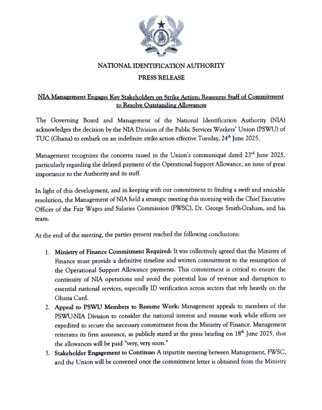Screenshot 2025 06 24 160720 Channel1 News Consider national interest and resume work – NIA appeals to striking staff